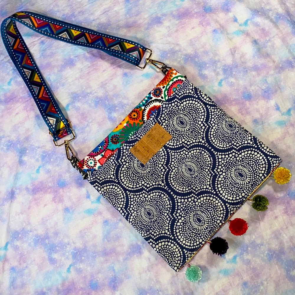 Kimbleberries • Boho Mixed Print Pom Pom Crossbody Canvas Bag